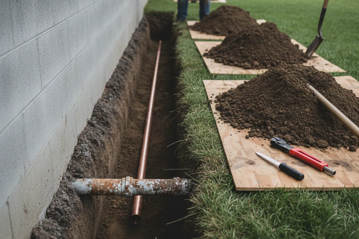 Excavated water line trench during Water Softener Installation in Woods Hole